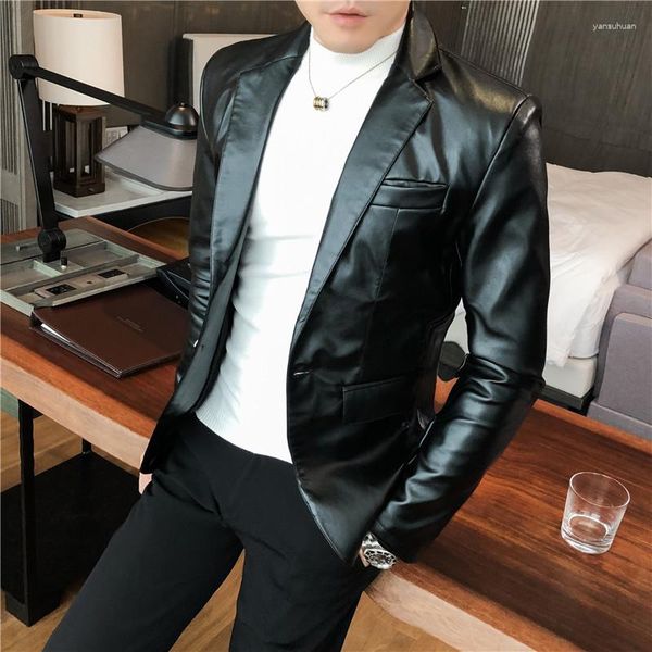 Ternos masculinos Blazer Hombre Jaquetas de couro PU Moda Masculina Sólida Ajuste Slim Fit Um Botão Negócios Casual Blazers Para Estilo Coreano Jaqueta