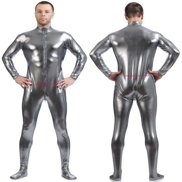 Traje de corpo masculino frontal longo zíper prata cinza brilhante lycra metálico traje masculino macacão traje sem cabeça mão halloween267l