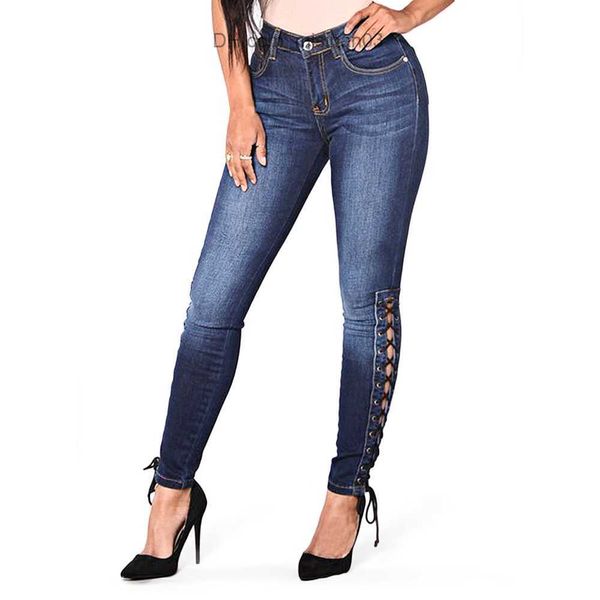 Jeans Feminino Moda Feminina Calça Jeans Feminina Apertada Cintura Alta Bandagem Elástica Calça Jeans Slim Fit Renda Lateral Casual Calça Jeans Feminina S-3XL Z230717