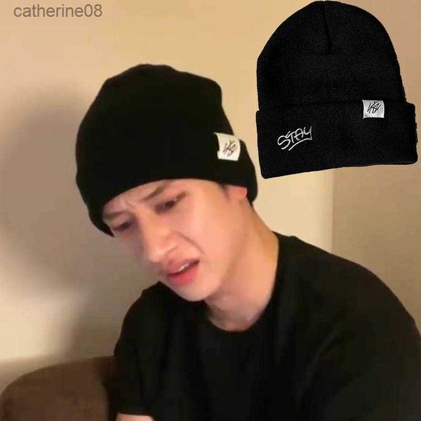 Kpop Sokak Çocuk Örme Kapak Bang Chan Kış Mektubu İşlemeli Elastik Kafatalar Beanies Şapkalar Kadın Y2K Street Giyim L230621