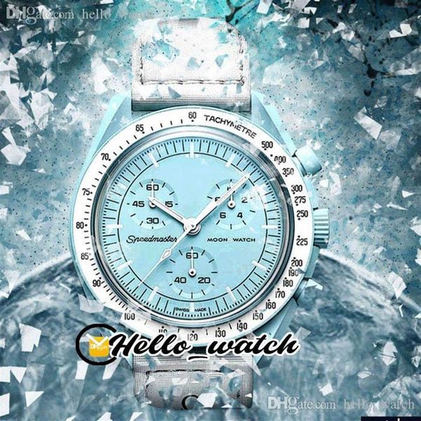 Bioceramic moonswatch Swiss Quqrtz Chronograph Mens Watch Mission SO33L100 до Урана 42 настоящий синий керамический ярко -белый нейлон с 339x