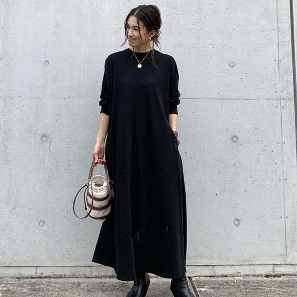 Abiti casual 2023 primavera autunno giapponese allentato semplice nero bianco vita alta sottile abito da donna a maniche lunghe