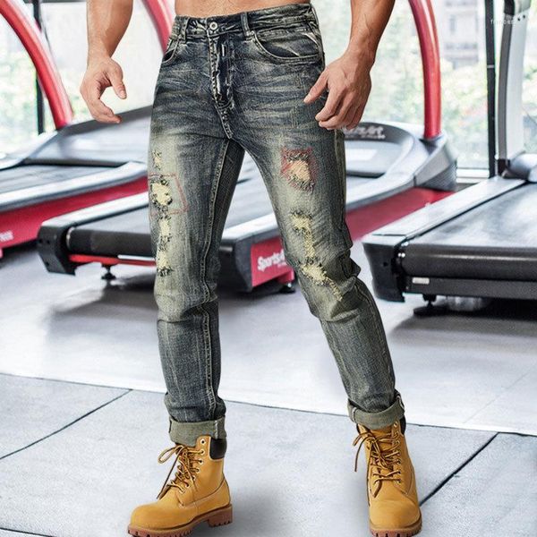 Jeans masculino retrô Old Holes Jean Hombre Patch Biker Streetwear linha divisória Calça jeans lavagem com água elástica Calça skinny afunilada