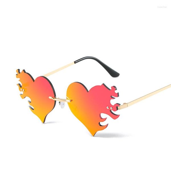Sonnenbrille Mode Einzigartige Liebe Herz Flamme Form Für Frauen Klar Ozean Spiegel Objektiv Shades UV400 Retro Randlose Männer Sonnenbrille