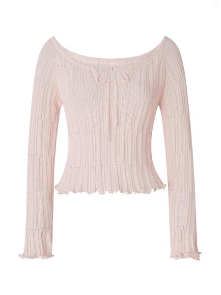 Canotte da donna Top corto in maglia a costine con spalle scoperte e orlo arruffato e maniche lunghe trasparenti - Maglione alla moda stile Y2K per l'autunno