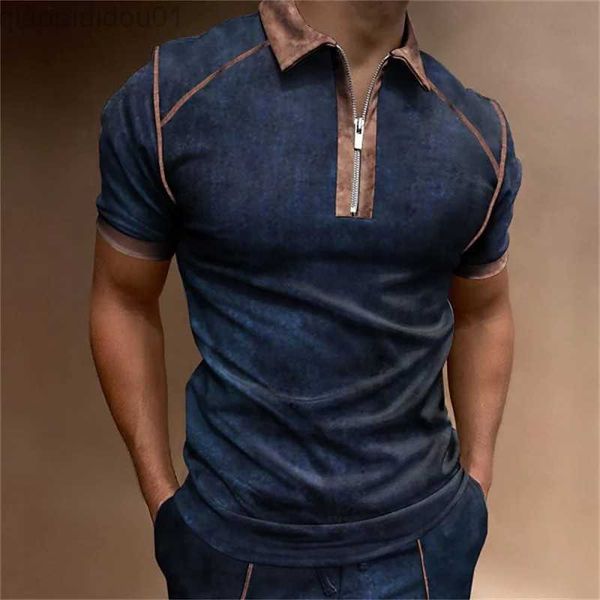 Camisetas Masculinas Novas Camisas POLO de Manga Curta para Homens de Verão Casual Respirável Absorvente de Suor T-Shirt Lapel Zipper Patchwork Men Top 2023 L230713