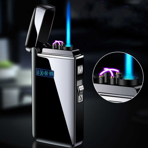 Novo Tiktok Metal à prova de vento Elétrico USB Isqueiro Torch Turbo Dual Arc LED Plasma Sem Gás Carregável Butano Tubo Charuto 6AEY