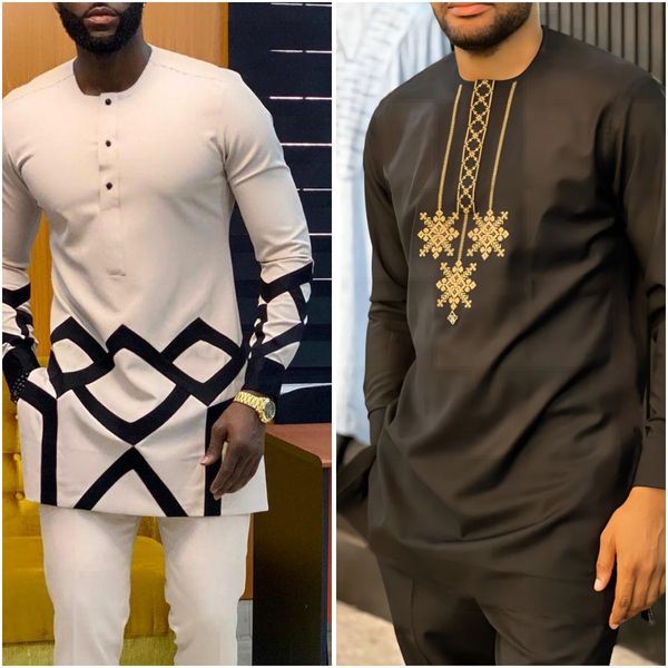 Fatos de Treino Masculino Africano Tradicional Masculino Terno Estampado Camisa Top Elástico Cintura Calça Branco Casamento Conjunto de 2 Peças Trajes de Estilo Étnico 230713