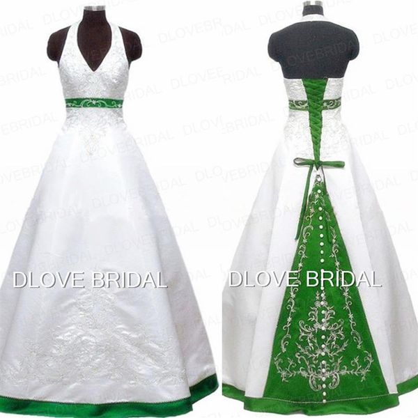 Vintage Bordado Halter Color Vestido de Noiva Custom Make A Line Até o Chão Espartilho Verde Branco Vestido de Noivas com Bu292k