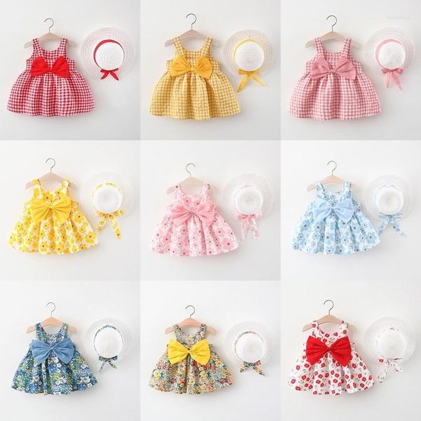 Vestidos de menina boutique roupas infantis verão bebê arco vestido xadrez moda fofo infantil sem mangas floral roupas de fantasia infantil