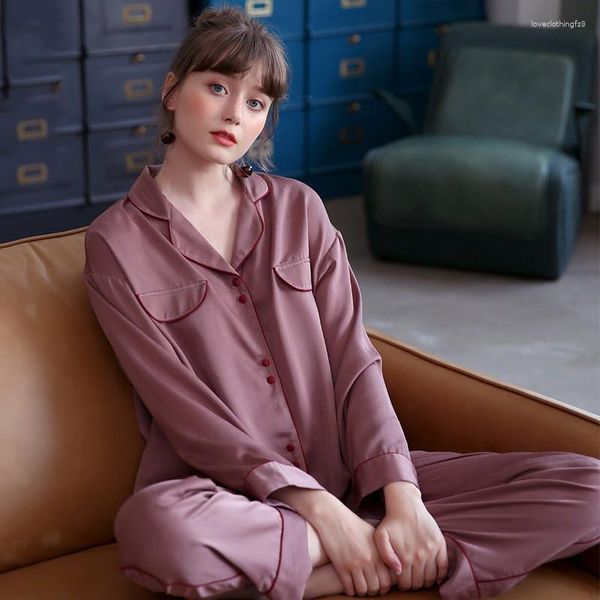 Roupa de dormir feminina primavera outono 2 pçs macacão de cetim feminino manga comprida calça gola virada para baixo pijama solto para uso doméstico M-3XL pijama
