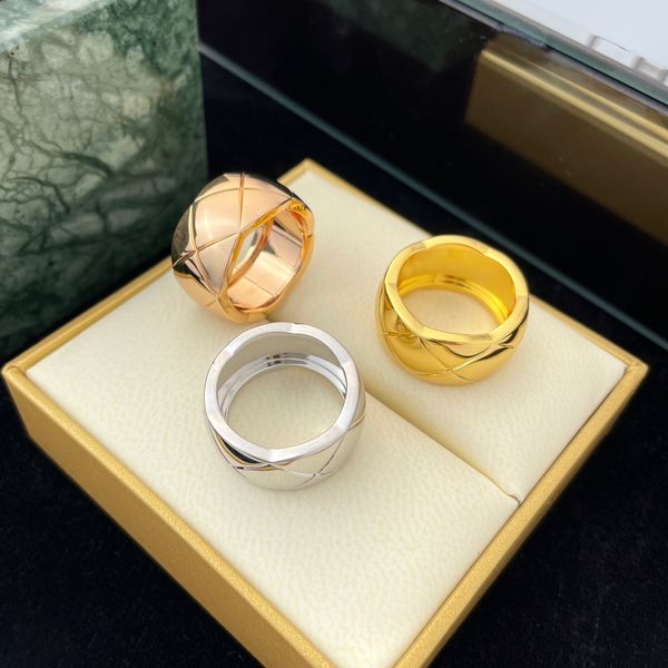 Fashion Gold Rings Designer ultra wide Plaid Ring Rose Gold Silver Women Regalo di nozze