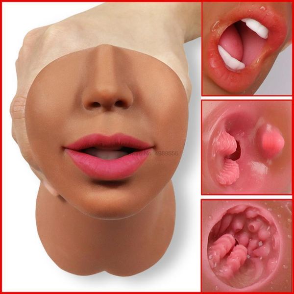 Masturbadores 3 em 1 masturbador masculino silicone vagina real buceta boca aberta dentes sexo realista brinquedos profundos para homens masturbação oral sextoy 230714