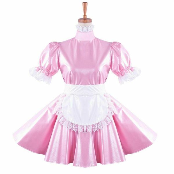 Vestido de empregada maricas de couro pérola rosa fantasia cosplay 280g