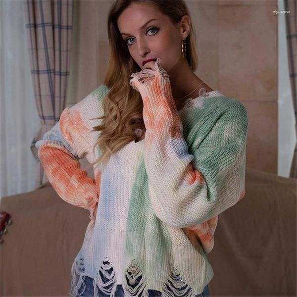 Maglioni da donna Donna con scollo a V allentato Nappa Pullover Top Moda donna Maglione stampato tie-dye Manica lunga Multicolore lavorato a maglia Streetwear