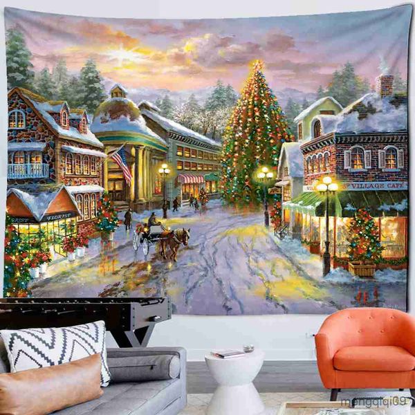 Wandtapijten Koepelcamera's Kerstman Olieverfschilderij Wandtapijt Festival Stad Nachtzicht Muur Opknoping Elk Kamer Wonen Thuis Hekserij Decor R230714