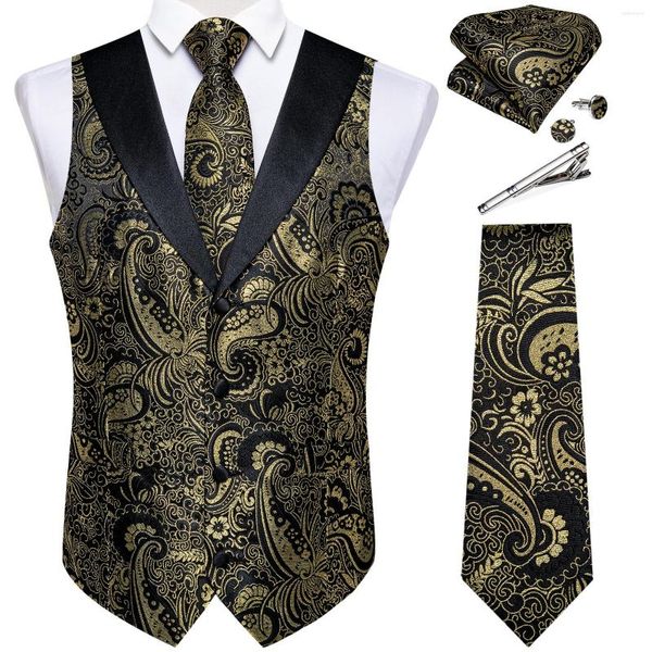 Coletes masculinos 5 pçs smoking colete paisly conjunto colete para homem negócios causal ouro preto blazer com clipe gravata abotoaduras