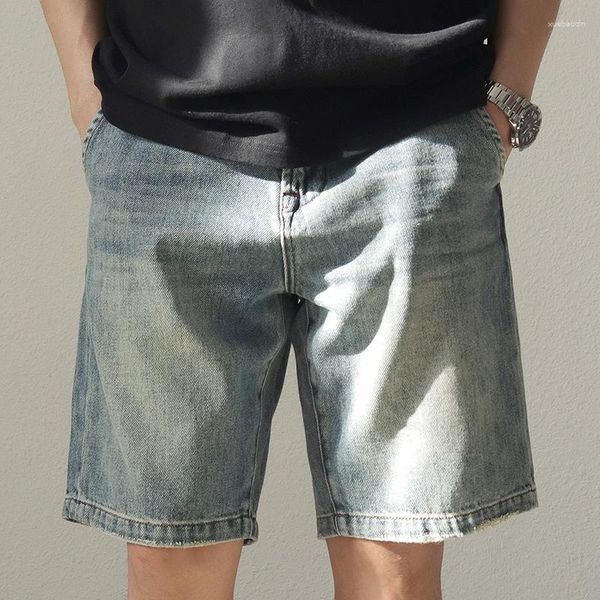 Calça Jeans Masculina 3632# Summer American Retro Heavyweight Denim Cargo Shorts Moda Lavado Velho Solto Reto Casual Calças de 5 Pontos