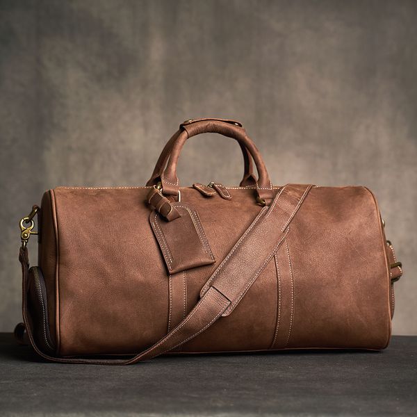 Bolsas Duffel Couro Genuíno Bolsa Bagagem de Mão Masculina Vintage Bolsa de Viagem Grande Capacidade Bolsa de Ombro Único Bolsa Boston para Laptop de 17 Polegadas 230714