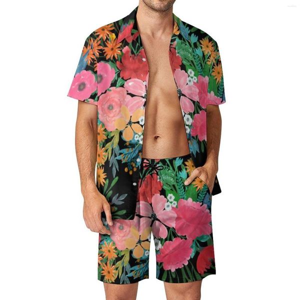 Fatos de treino masculinos Conjuntos masculinos elegantes com flores cor-de-rosa Estampa de buquê floral Shorts casuais Conjunto de camisas de férias Padrão Terno manga curta tamanho grande