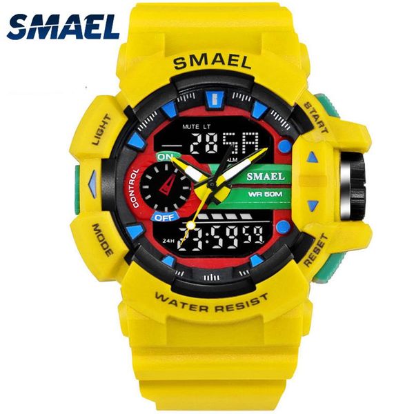Relógios esportivos amarelos SMAEL Dual Time LED Digital Watch Quartz Analog-Digital1436 Relógios de pulso masculinos Relógios militares masculinos Digi345I