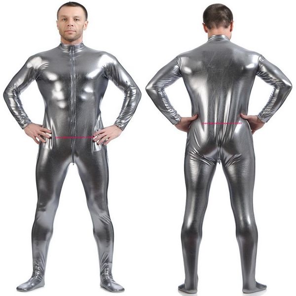 Traje de corpo masculino frontal longo zíper prata cinza brilhante lycra metálico traje masculino macacão traje sem cabeça mão halloween2406