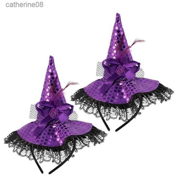 2 uds sombrero de Halloween diadema de bruja fiesta de disfraces cabeza de encaje fruncido lentejuelas para decoración púrpura L230621