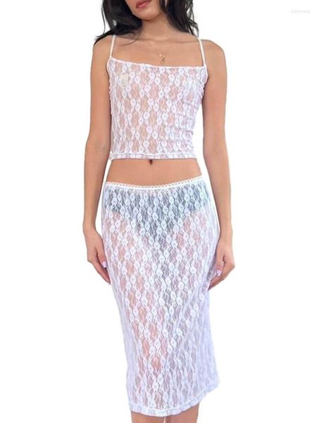 Indumenti da notte da donna Elegante pizzo con stampa floreale Set in due pezzi per donna Crop Top senza maniche e gonna lunga trasparente Ensemble