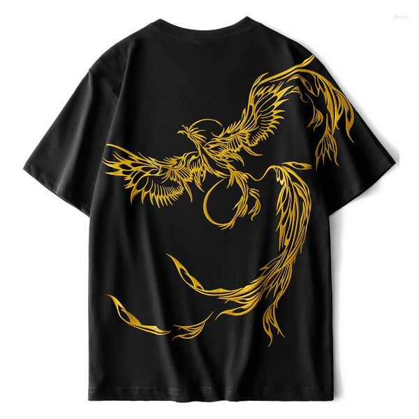 Camisetas masculinas verão Phoenix bordado casal t-shirt personalidade masculina manga curta camisetas casuais China-chic hip-hop solto retrô