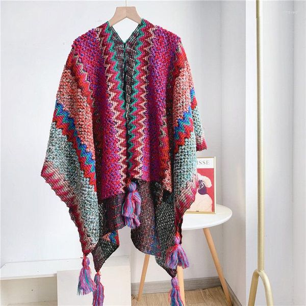 Erkek Sweaters Kış Capes Cardigan v Boyun Lady Etnik Sonbahar Pelerin Örgü Bohem Pubsel Poncho Renkli Kadınlar