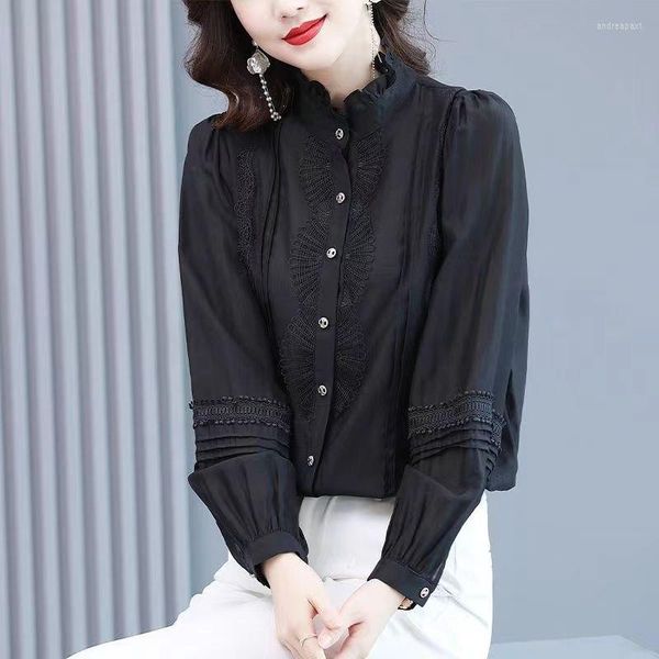 Blusas femininas moda primavera elegante blusa com babados botão S casual camisas formais pretas manga longa tops B206
