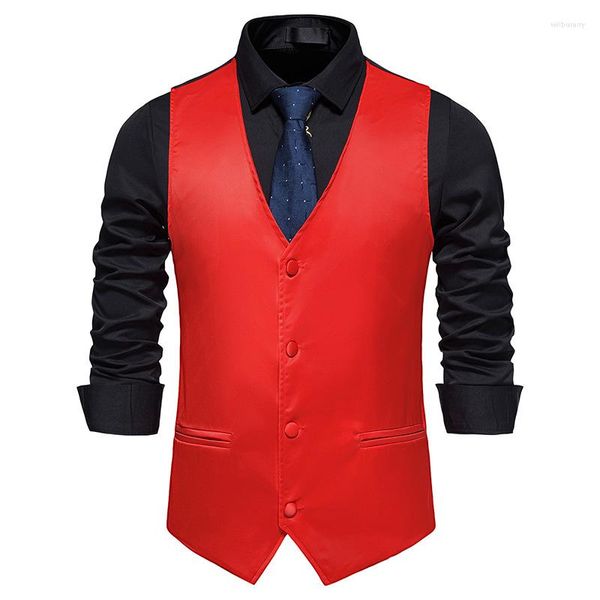 Coletes Masculinos Vermelho Festivo Cor Sólida Gravata Jantar de Negócios Vestidos Formais Magro Para Terno Moda Formatura Casamento Colete Masculino