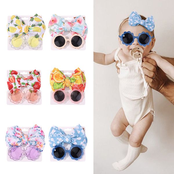 Bebek kızlar elastik kafa bandı yay düğüm saç bantları Toddlers 2pcs/set yuvarlak güneş gözlükleri yaz boho sevimli güzel renkli çiçek açık plaj aksesuarları Z010