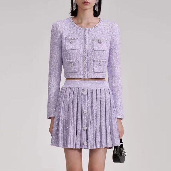 23designer двух частей костюма ранней осени новая лилак-фиолетовая алмаза, усыпанная вязаная с блестками круглая шея короткая пальто, плиссированная плиссированная юбка