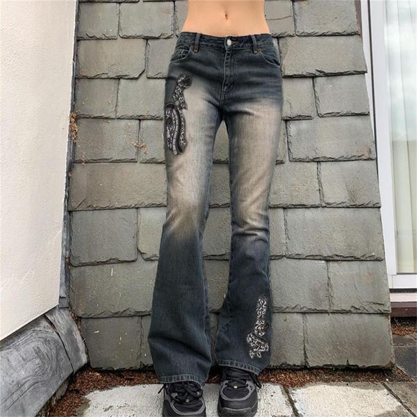 Jeans da donna Motivo ricamato Pantaloni cargo da donna estivi Vita alta Spicy Girl Style Gradiente stampato Streetwear a vita bassa