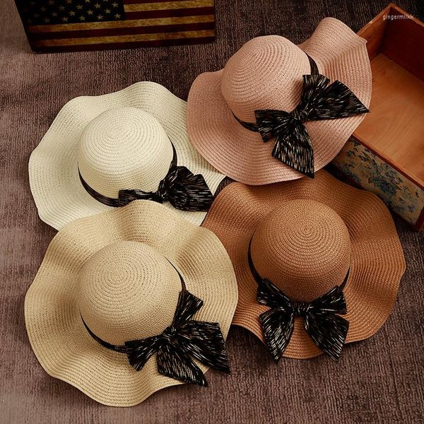 Chapéus de aba larga verão natural grande laço de fita palha feito à mão feminino sol grande borda ondulada bonés de praia para férias gorro