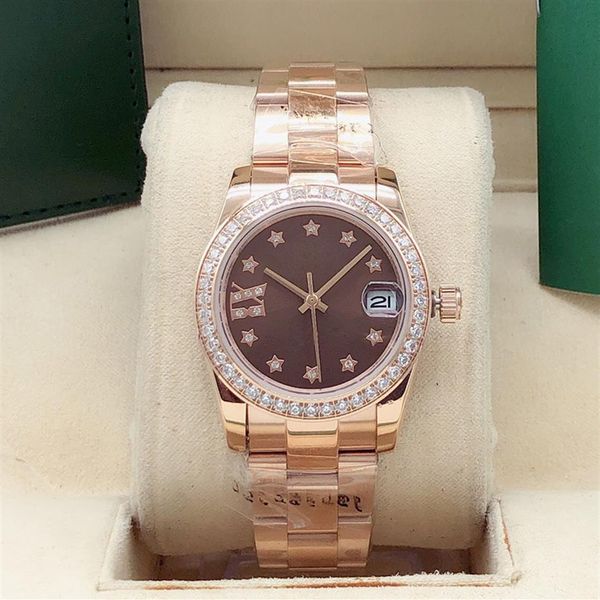 Moda feminina Relógio de diamante de 31 mm Sete cores femininas Aço inoxidável fivela dobrável Relógios de movimento mecânico automático 244 m