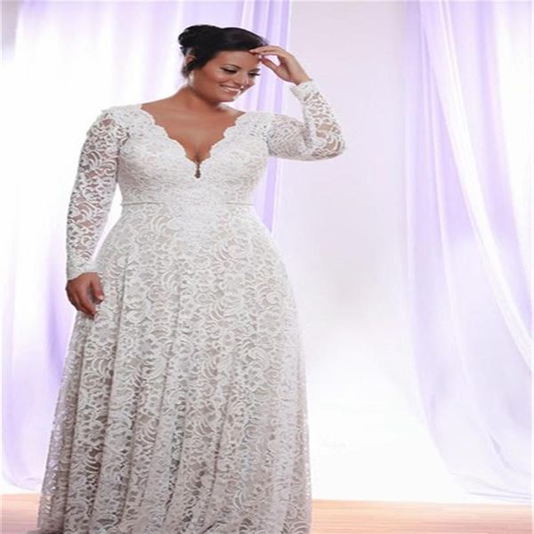 Abiti da sposa economici taglie forti in pizzo pieno con maniche lunghe rimovibili con scollo a V Abiti da sposa Lunghezza del pavimento Abito da sposa linea A234F