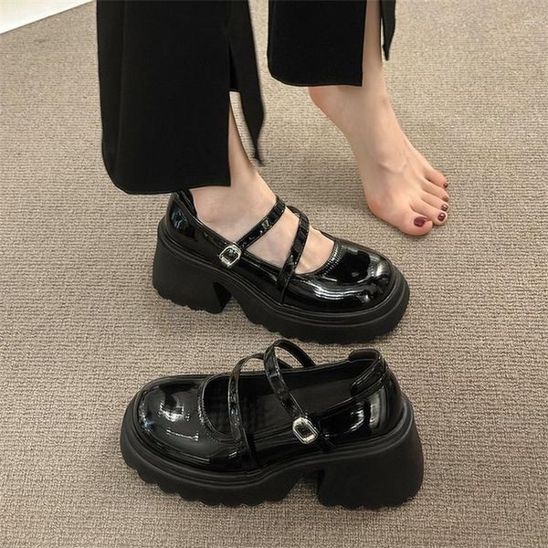 Sapatos sociais Japão JK estilo bomba de couro envernizado feminino verão lolita casual preto salto grosso senhora dedo do pé redondo