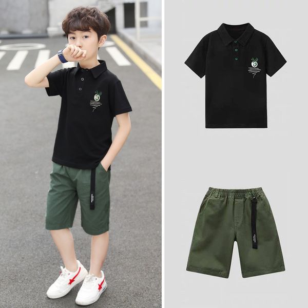 Tshirts 2pcs Trade Cuit Летнюю детскую одежду детские мальчики Lake Polo Deer Tshirt Shorts Pocket Bants 6 8 10 12 14 лет 230713