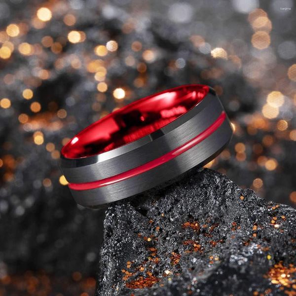 Anelli di nozze 2023 classici 8mm maschi rossi scanalatura rossa con bordo smusso di tungsteno nero spazzolato anello di fidanzamento nuziale maschile maschio