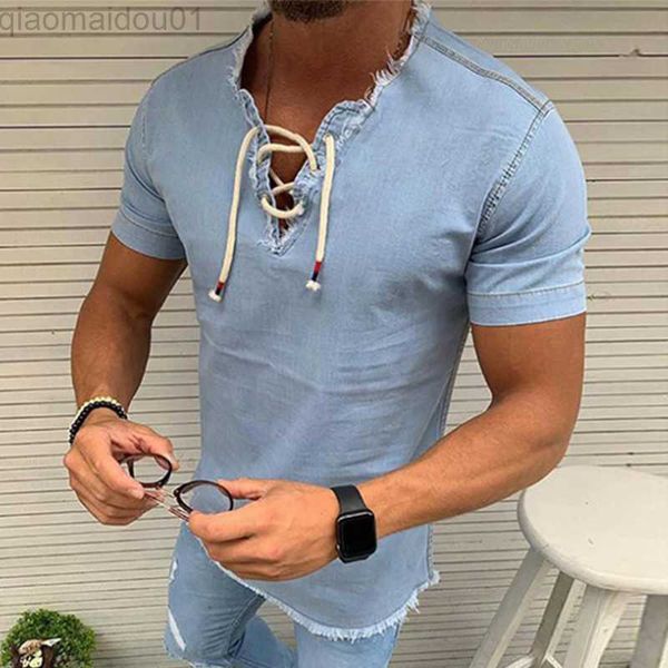 T-shirt da uomo Vintage T-shirt da uomo manica corta allentata con scollo a V Tie-up con coulisse Pullover tinta unita Moda estiva T-shirt per uomo Streetwear L230713