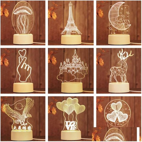 Favor de festa 3D Night Light Criativo Led Decoração de Quarto Pequeno Candeeiro de Mesa Romântico Colorf Padrão Presente Decoração de Casa Drop Delivery Ga Dh7Ks