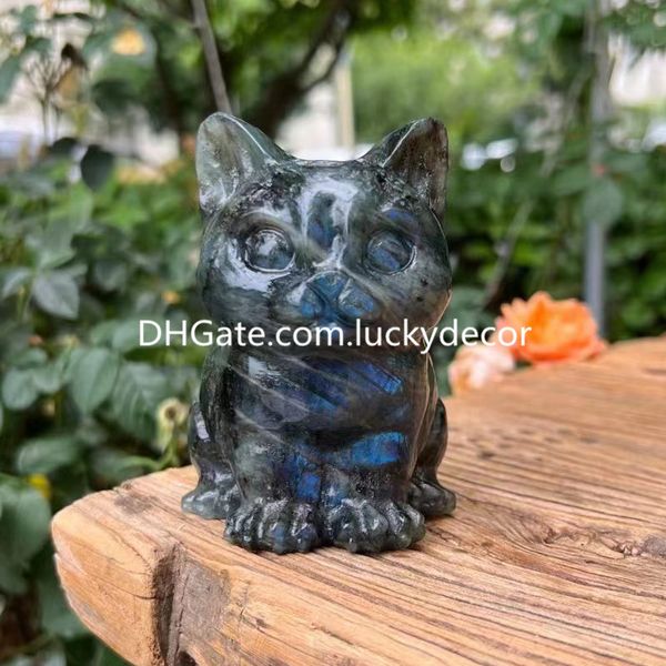 Labradorita Natural Cristal de Quartzo Escultura de Gato Flashy Feldspato Pedra Preciosa Espírito Animal Estatueta Esculpida à Mão Cura Wicca Reiki Spectrolite Pedra Presente Totem para Animais de Estimação