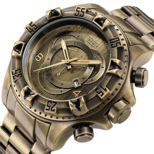 Relógios masculinos Quartzo TEMEITE Marca Relógios de pulso masculinos Luxo Antiguidade Cobre Cor Aço inoxidável Calendário à prova d'água Cloc249S masculino