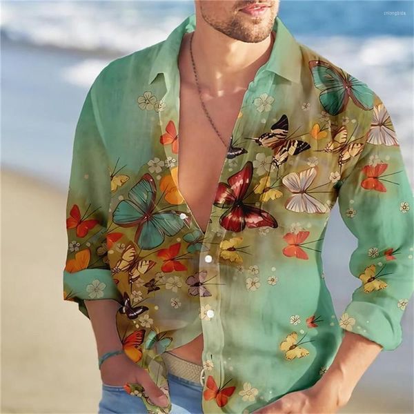 Camisas sociais masculinas estampa floral 3d camisa verão manga longa homem borboleta estampas gráficas casual feriado botão curto