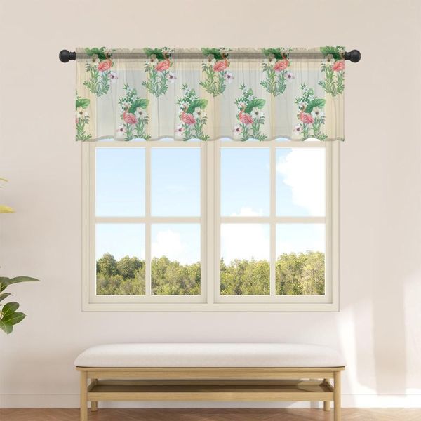 Vorhang, Tiere, Flamingo, Blätter, Blumen, kurzer Tüll-Halbvorhang für Küchentür, Drapierung, Café, kleines Fenster, transparente Vorhänge