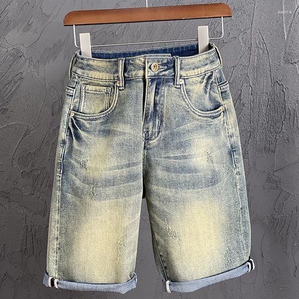 Jeans masculino Shorts de verão Stretch Men Denim Retro Azul Slim Reto Moda Bolsos Desinger Streetwear Patchwork Kpop