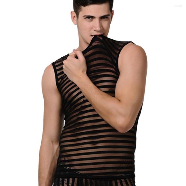Regatas masculinas listradas transparentes top preto sexy malha roupas masculinas academia coletes de secagem rápida moda casual verão sem mangas sólido