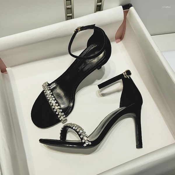 Elbise ayakkabıları fransız siyah seksi yüksek topuklu ayakkabılar zarif cazibe yaz çizgisi çıplak rhinestone sandaletler kadın kadın